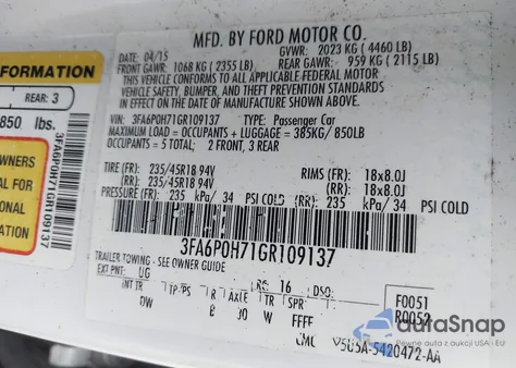 2016 Ford Fusion Se from USA, damaged, VIN 3FA6P0H71GR109137